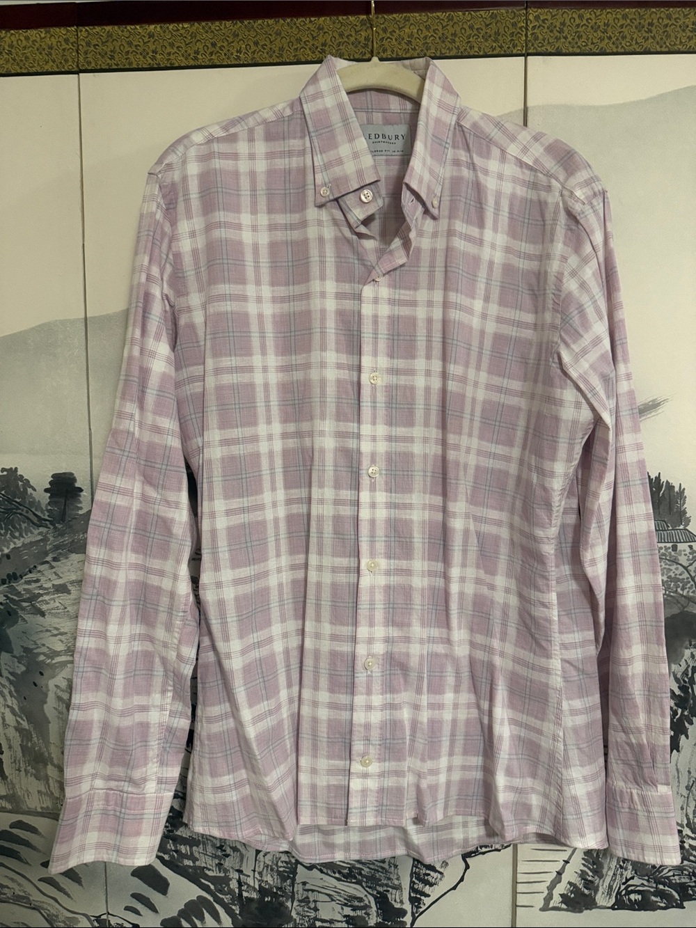 Ledbury Men's Lilac Cotton/Linen Plaid Button-Down Shirt - M